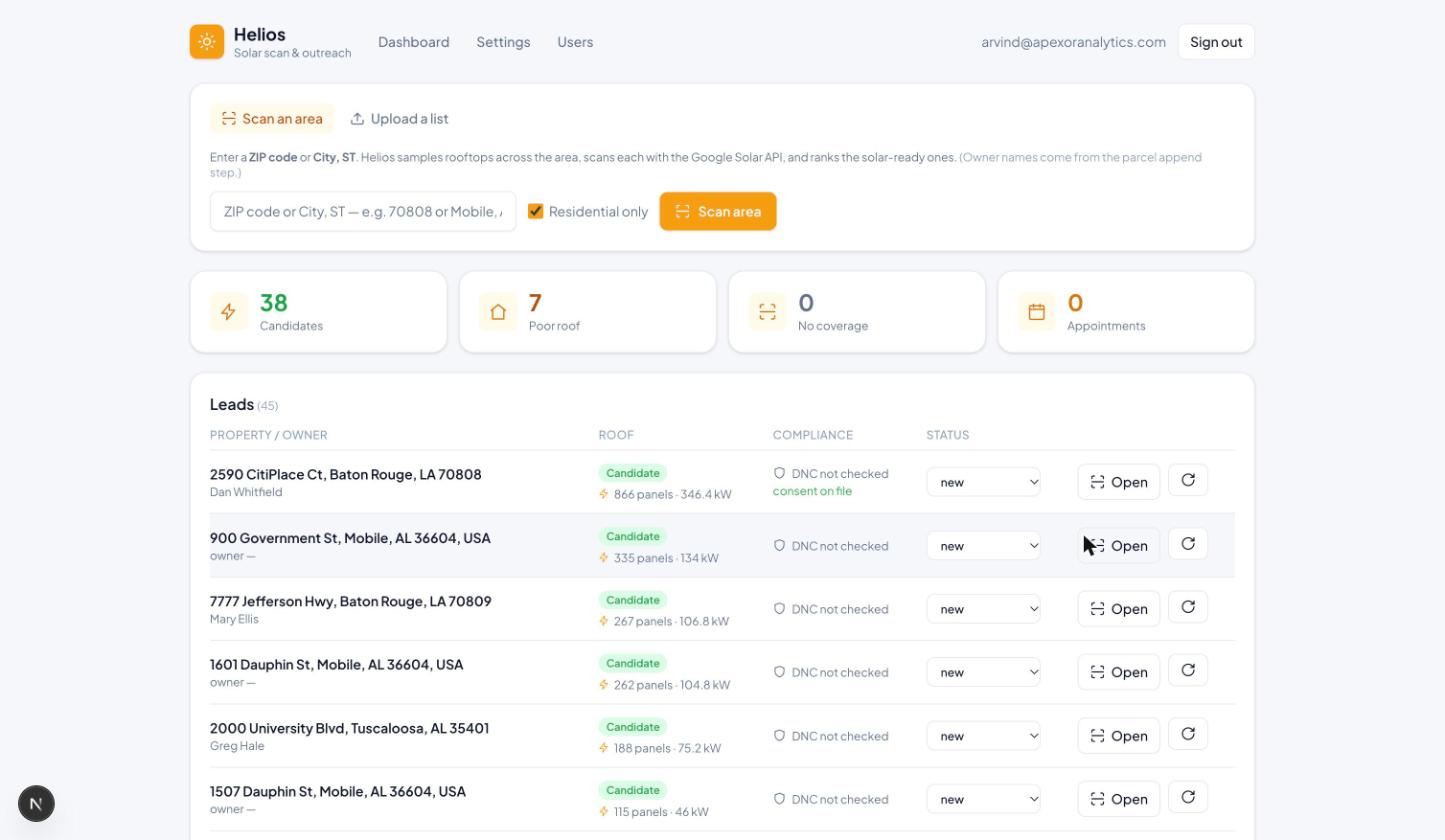 Helios dashboard — scan an area or upload a list, with ranked leads